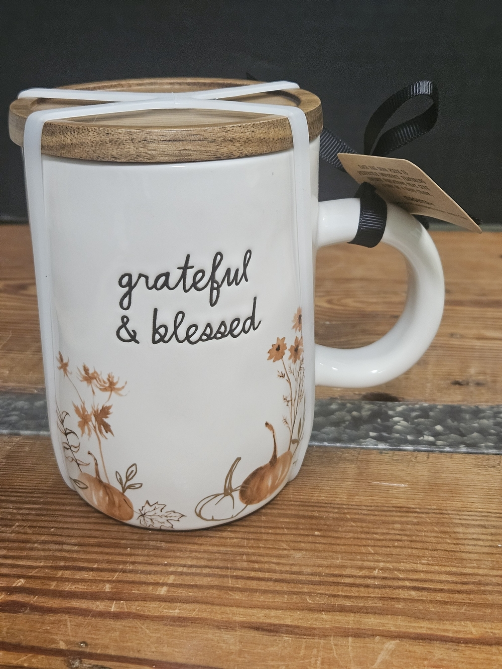 Grateful & Blessed Ceramic Mug with Wooden Lid - White and Brown